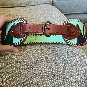 Colorful Patterned Leather Belt with whipstitching statement piece size small
